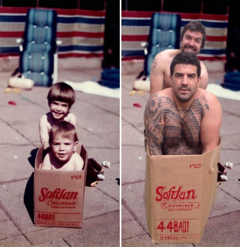 Dos hermanos reviven su niñez con fotos para el aniversario de boda de los padres