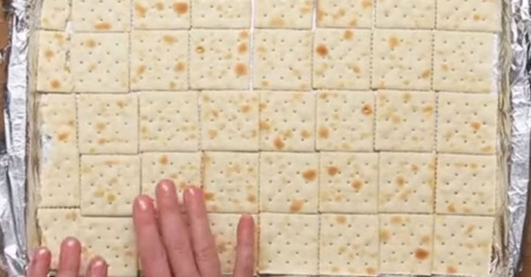 Empieza cubriendo la bandeja con crackers y hace el mejor snack de chocolate que has probado