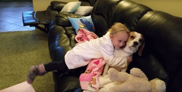 Una niña juega a ser veterinaria con el perro más paciente del mundo